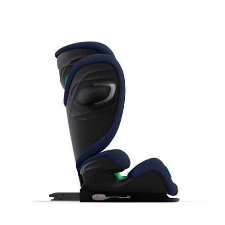 A side view of a black and blue child car seat with ISOFIX attachment.