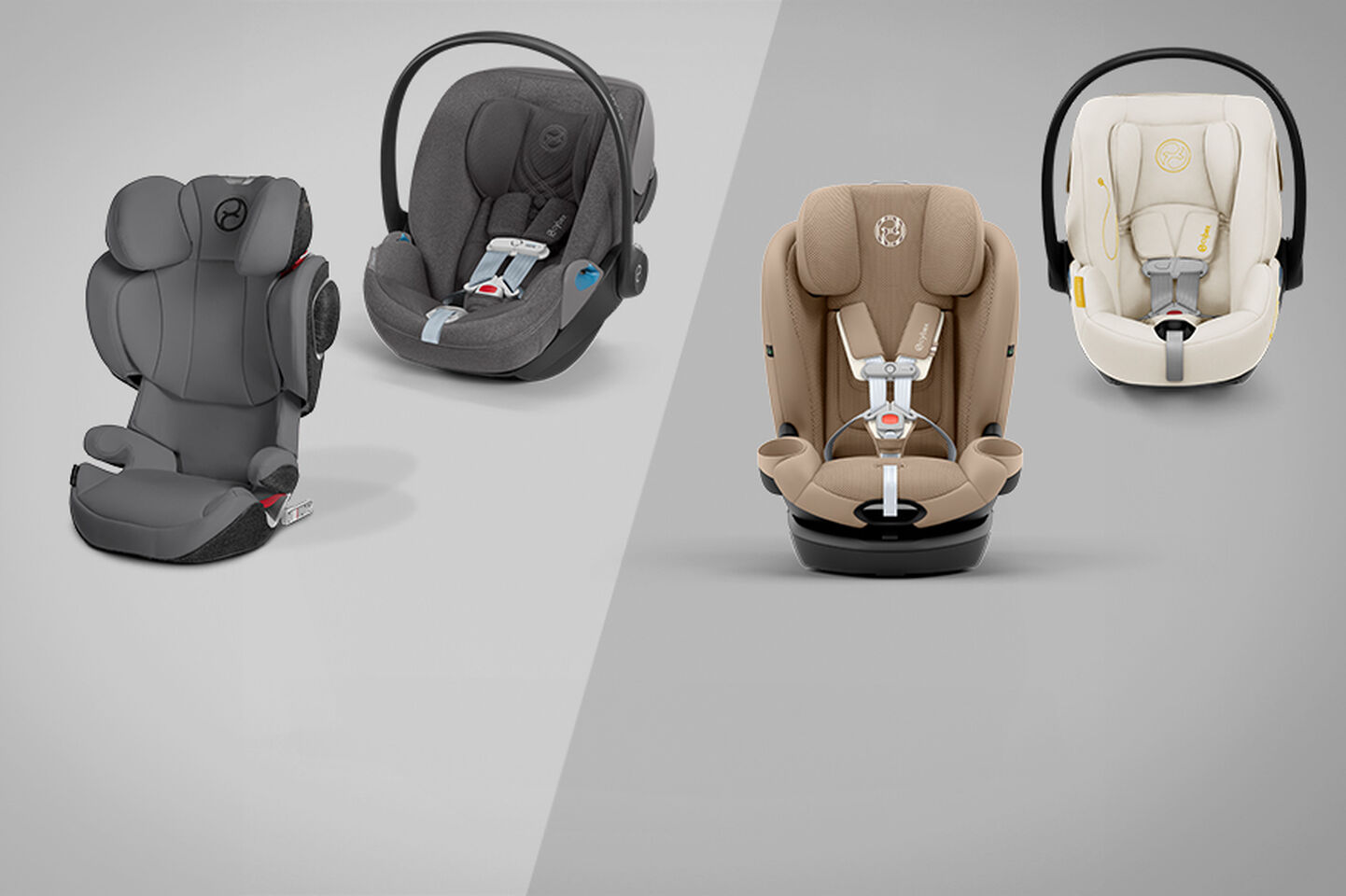 Car seats in various colors and designs, including a gray, dark gray, beige, and white model, on a gray background.