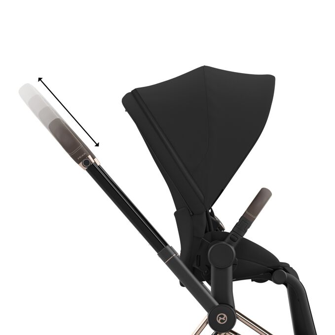 An image of the CYBEX Platinum Priam Jeremy Scott - Car Stroller, highlighting the One-hand Height-adjustable Handlebar feature.