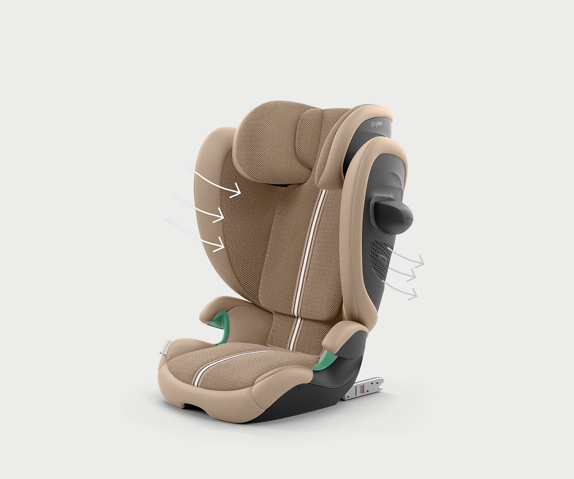 Solution G2 travel car seat in beige with ergonomic design and ventilation system.