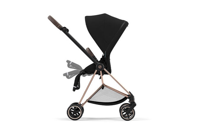 An image of the CYBEX Platinum Mios Seat Pack Stroller, highlighting the Adjustable legrest feature.