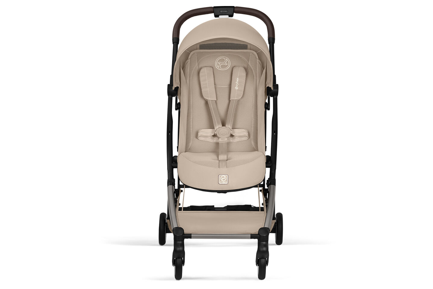 Cybex Orfeo compact travel stroller in almond beige shown in front view