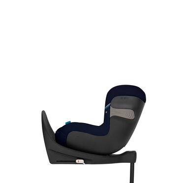 A black and dark blue child car seat with a sturdy base.