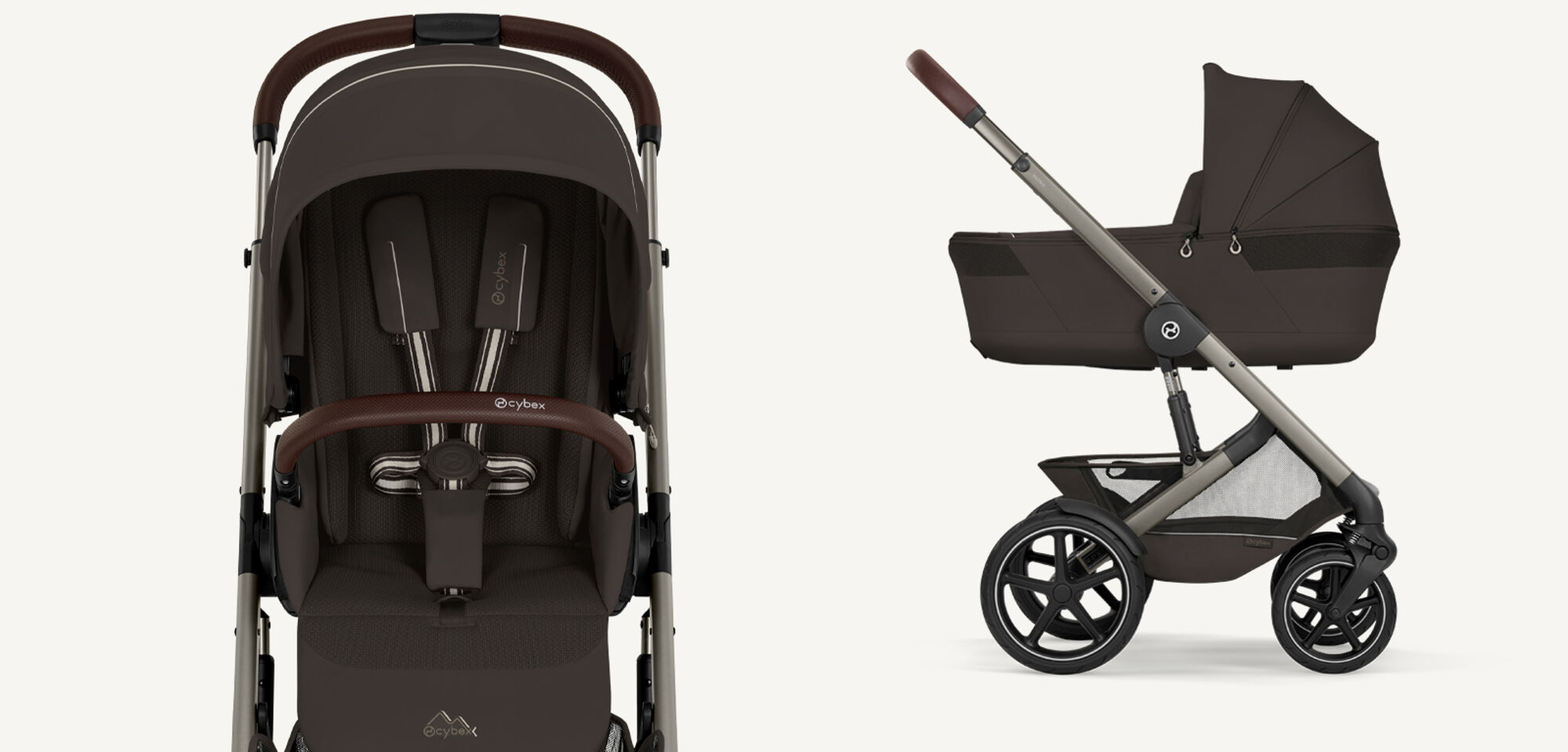 Produktbilder des Talos S Lux in Chocolate Brown, links eine Nahaufnahme und rechts eine Seitenansicht.