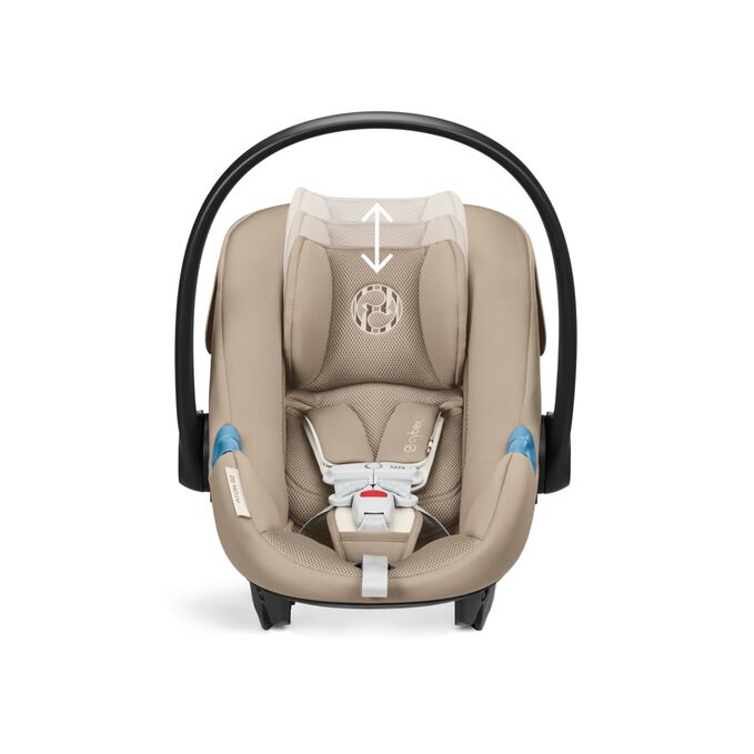 An image of the CYBEX Gold Aton G2 Swivel with Load Leg Base Infant Car Seat, highlighting the 11-Position Height-Adjustable Headrest with No-Rethread Harness feature.