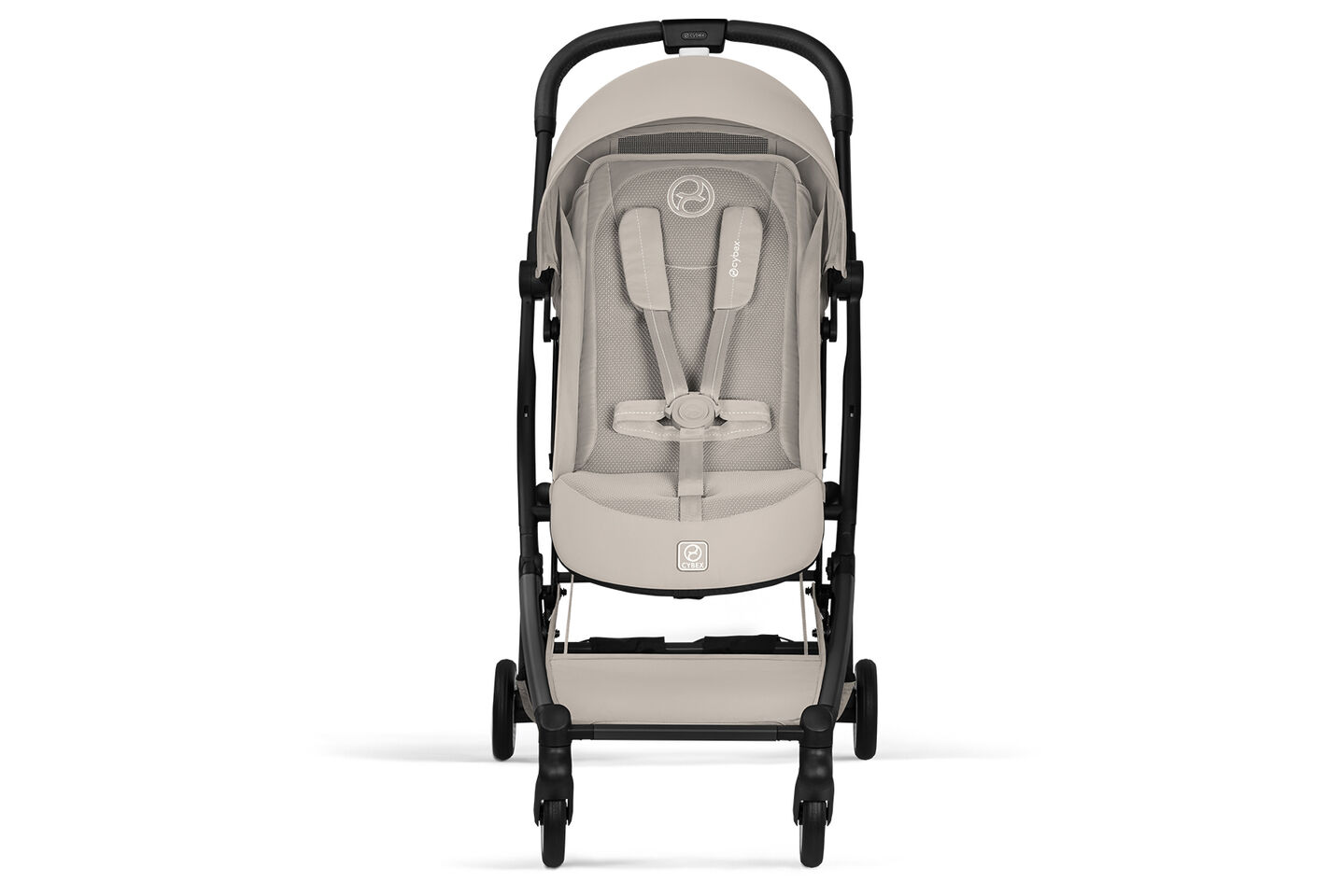 Cybex Orfeo compact travel stroller in dune grey shown in front view