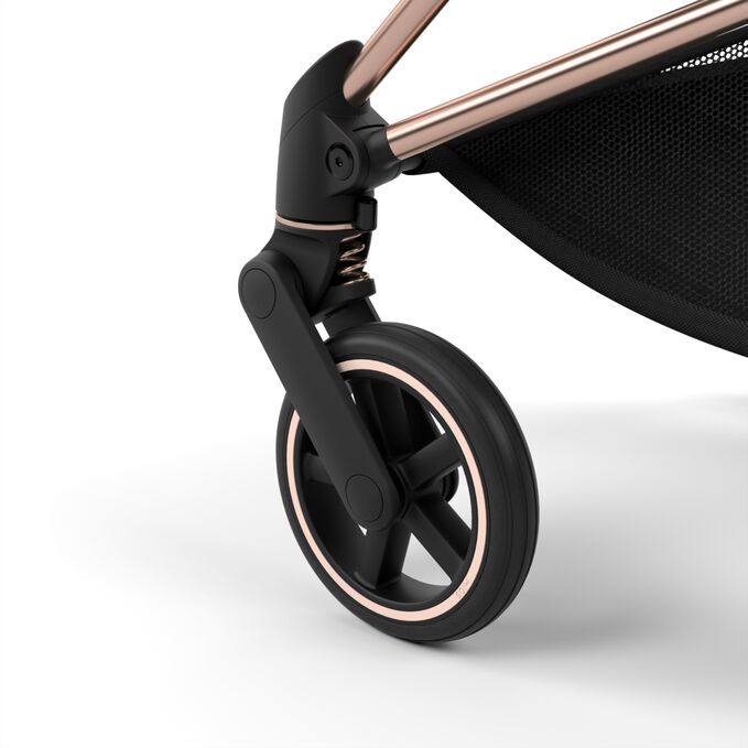 An image of the CYBEX Platinum Mios Seat Pack Stroller, highlighting the All-wheel suspension feature.