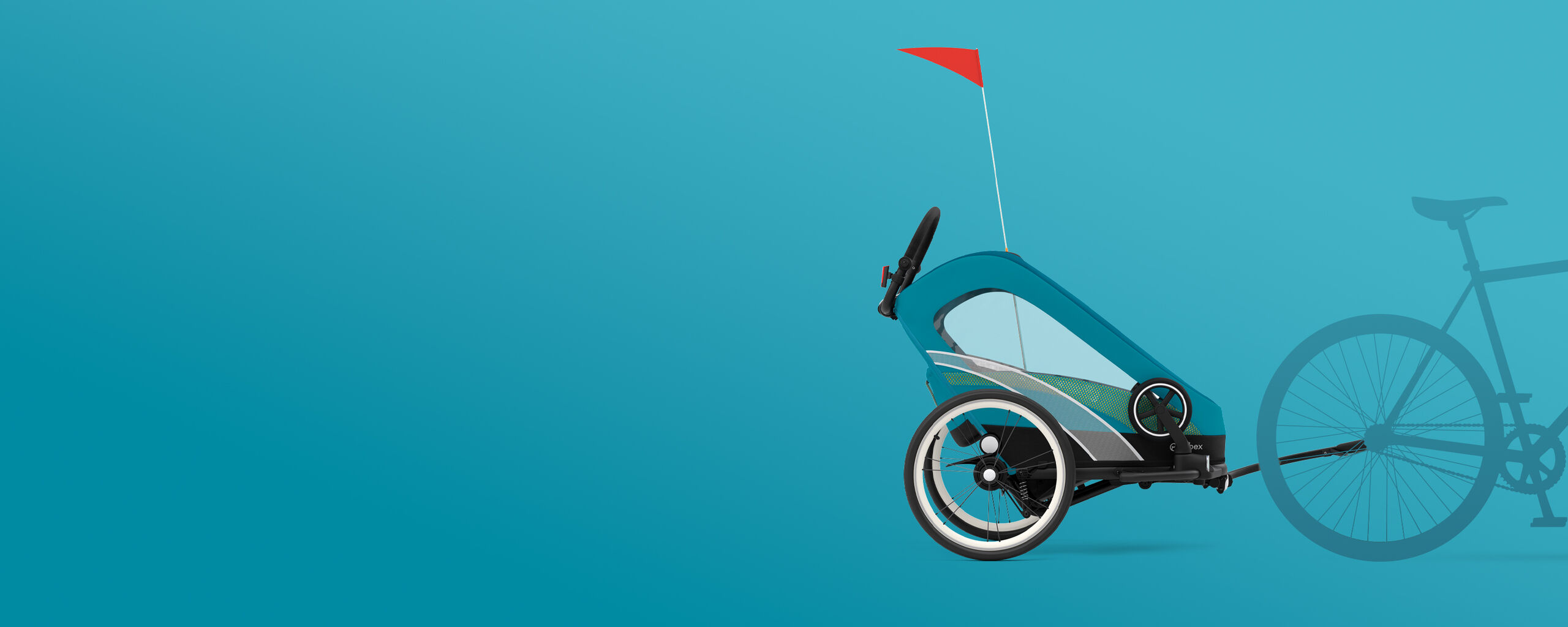 Zeno Bike trailer for kids with a red flag on a blue background.