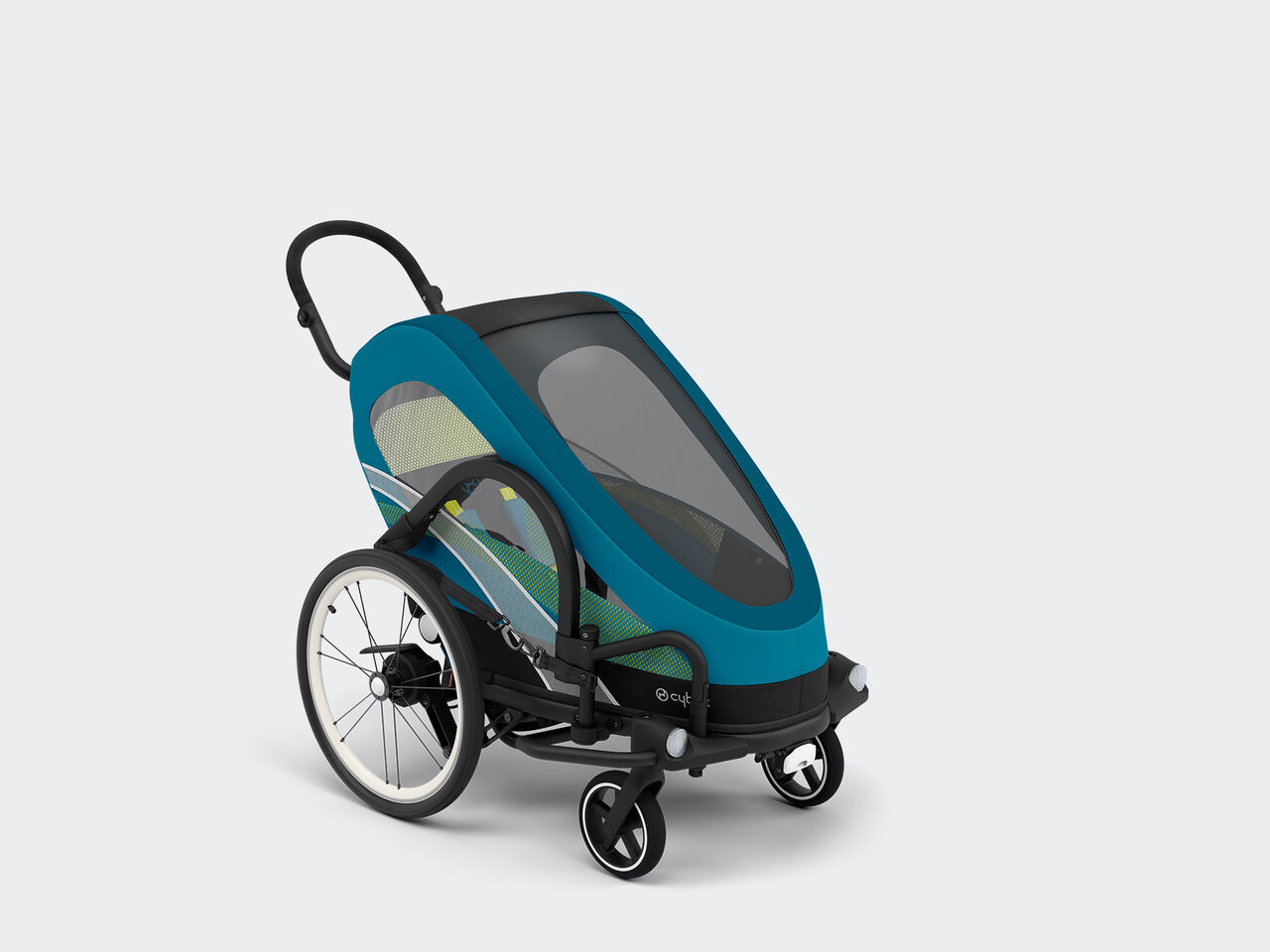 Zeno Bike fahrradanh&auml;nger f&uuml;r Kinder in Blau mit schwarzem Rahmen und gro&szlig;en R&auml;dern.
