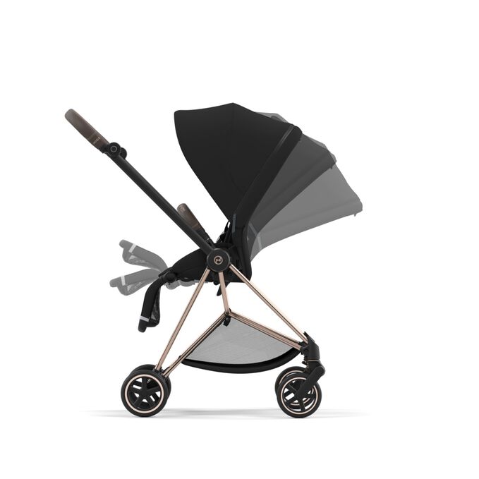 An image of the CYBEX Platinum Mios Seat Pack Stroller, highlighting the One-hand recline and fold feature.