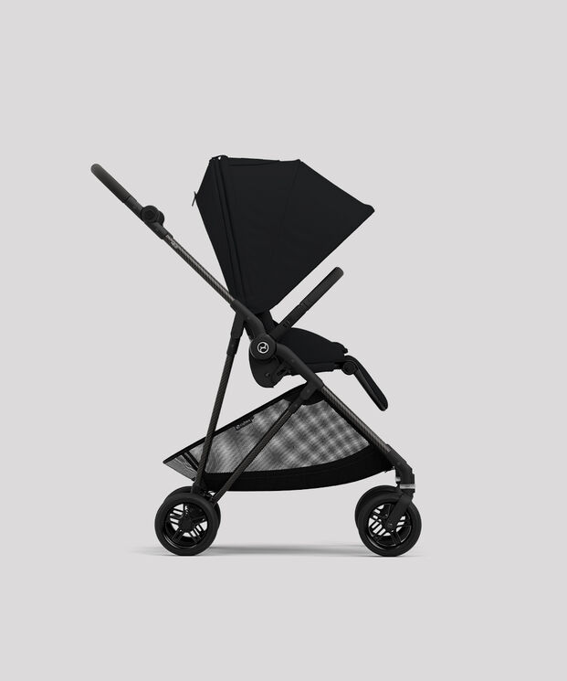 Black pram with a sleek design and adjustable sunshade.