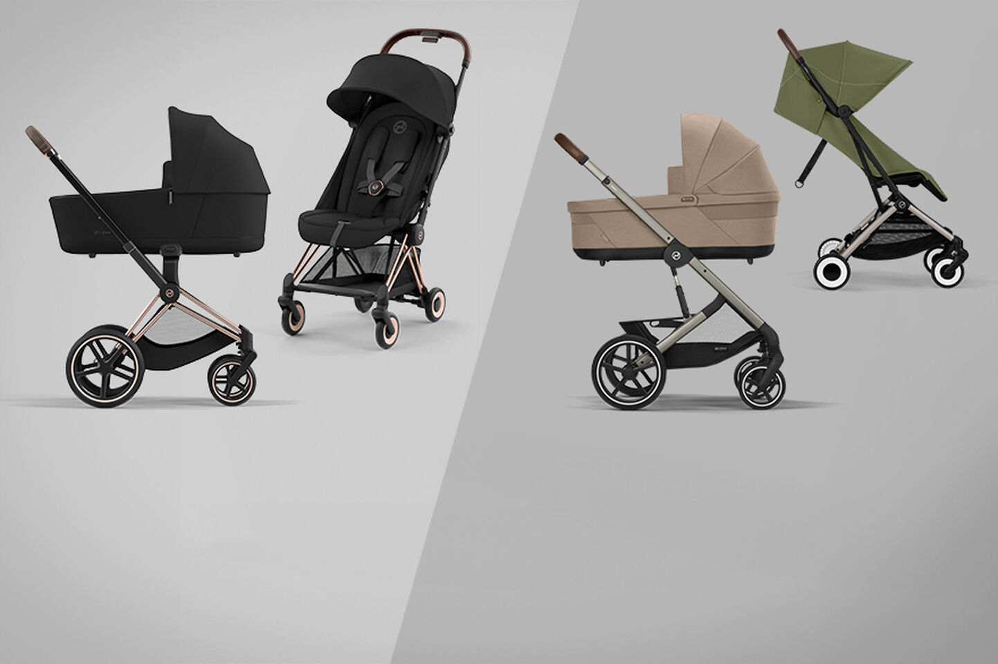 Passeggino di alta qualit&agrave; in nero e grigio, con un design elegante e uno spazio per sdraiarsi confortevole per i neonati