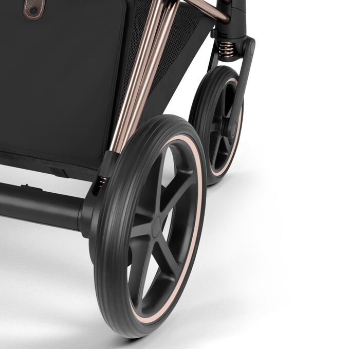 An image of the CYBEX Platinum e-Priam Stroller, highlighting the All-Wheel Suspension feature.