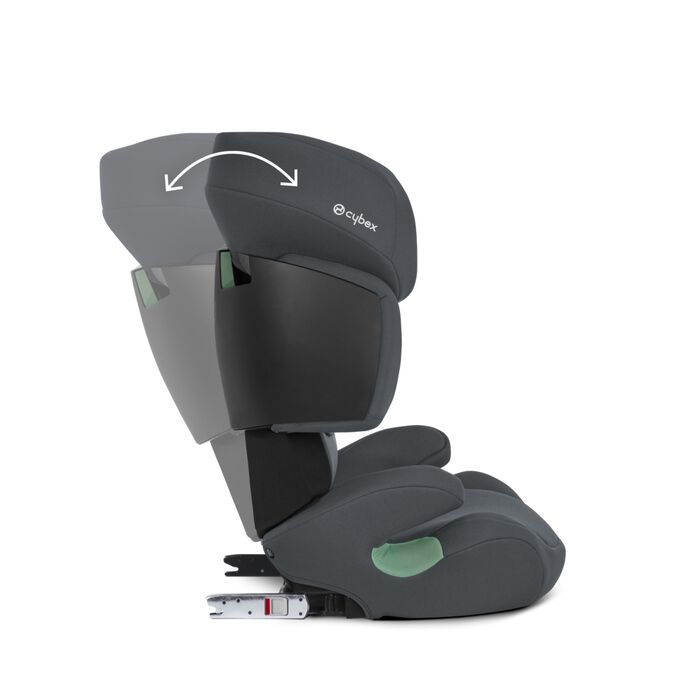 An image of the CYBEX Silver Solution X i-Fix Child Car Seat, highlighting the Perfectly adjusts to the vehicle seat feature.