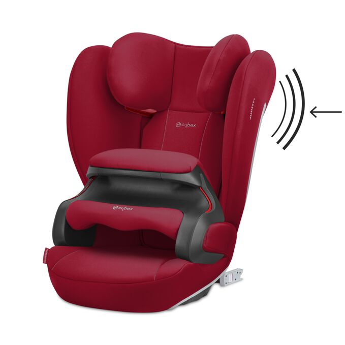 An image of the CYBEX Silver Pallas B2-Fix Toddler Car Seat, highlighting the Reduces side-impact forces feature.