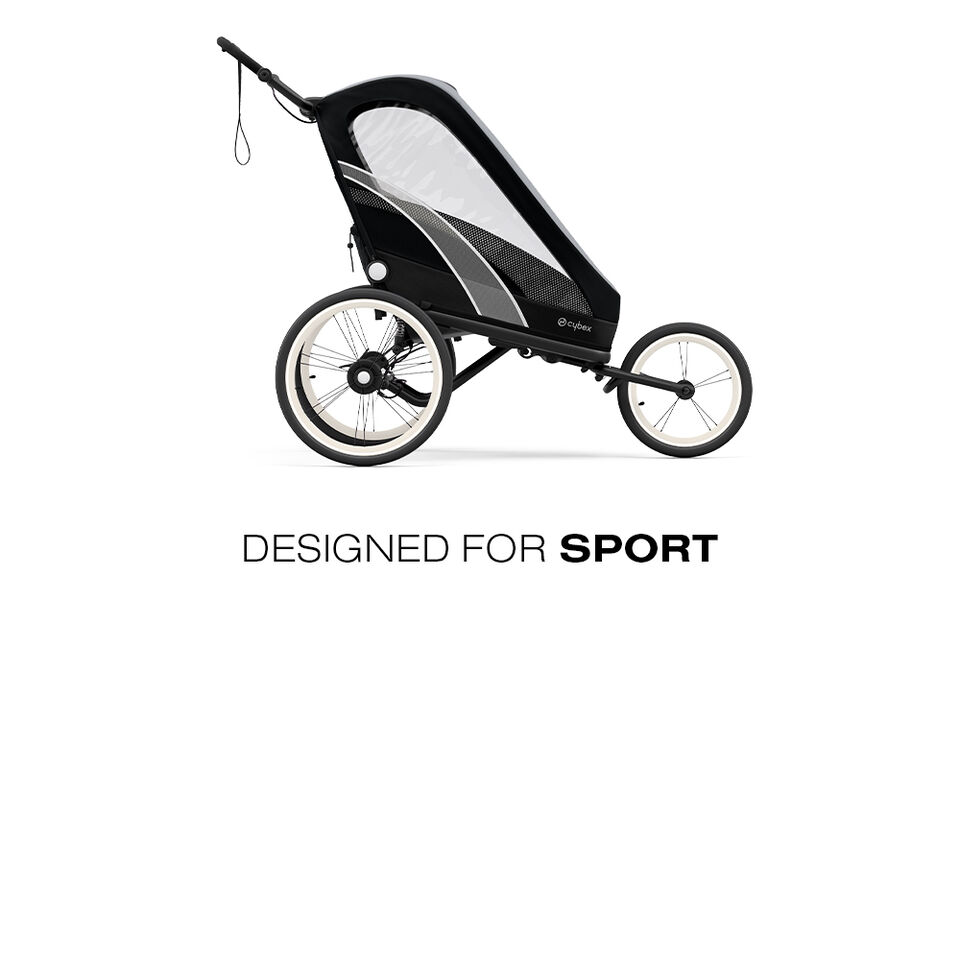 Zeno Bike Fahrradanh&auml;nger f&uuml;r Kinder, schwarz mit gro&szlig;en R&auml;dern, designed for sport.