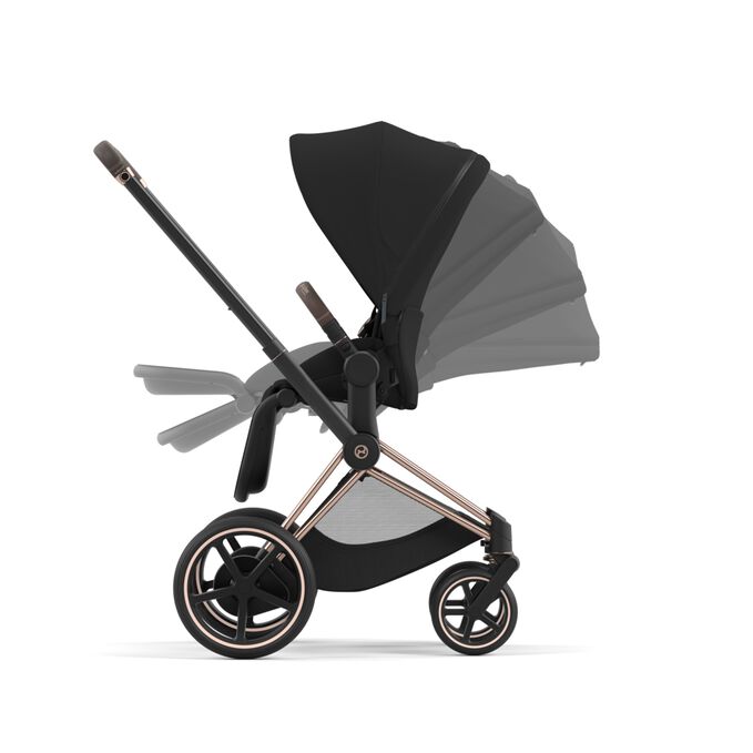 An image of the CYBEX Platinum e-Priam Frame Stroller, highlighting the One-hand recline and fold feature.