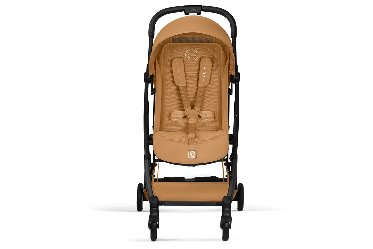 Cybex Orfeo compact travel stroller in Cinnamon Yellow shown in front view