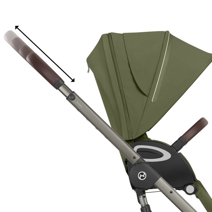 An image of the CYBEX Gold Talos S Lux (2025) Stroller, highlighting the One-hand Height-adjustable Handlebar feature.