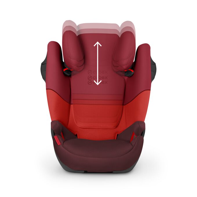 An image of the CYBEX Silver Solution M-Fix Child Car Seat, highlighting the 12-position height-adjustable headrest feature.