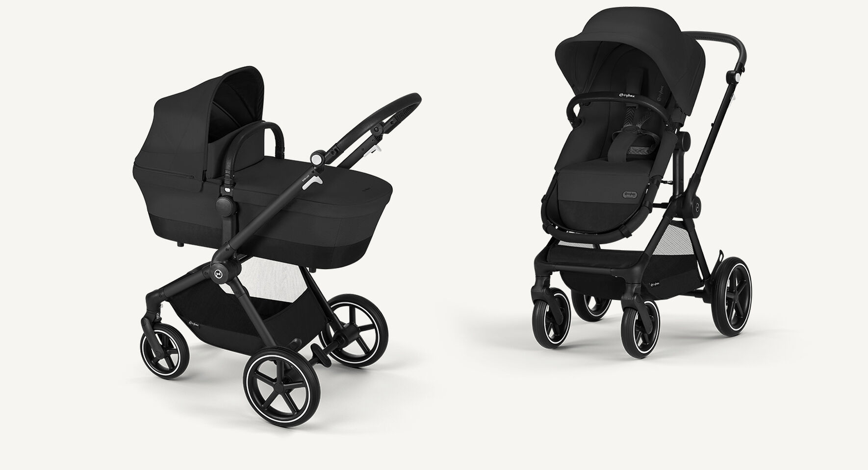 Produktbilder av en Eos Lux barnvagn i Moon Black, liggdelsl&auml;ge till v&auml;nster, s&auml;tesl&auml;ge till h&ouml;ger.