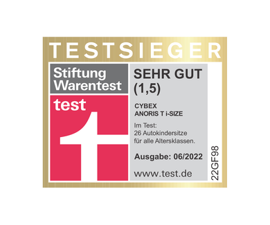 Test winner label from Stiftung Warentest for the CYBEX Anoris T i-Size, rated "Very Good" (1.5) in issue 06/2022.