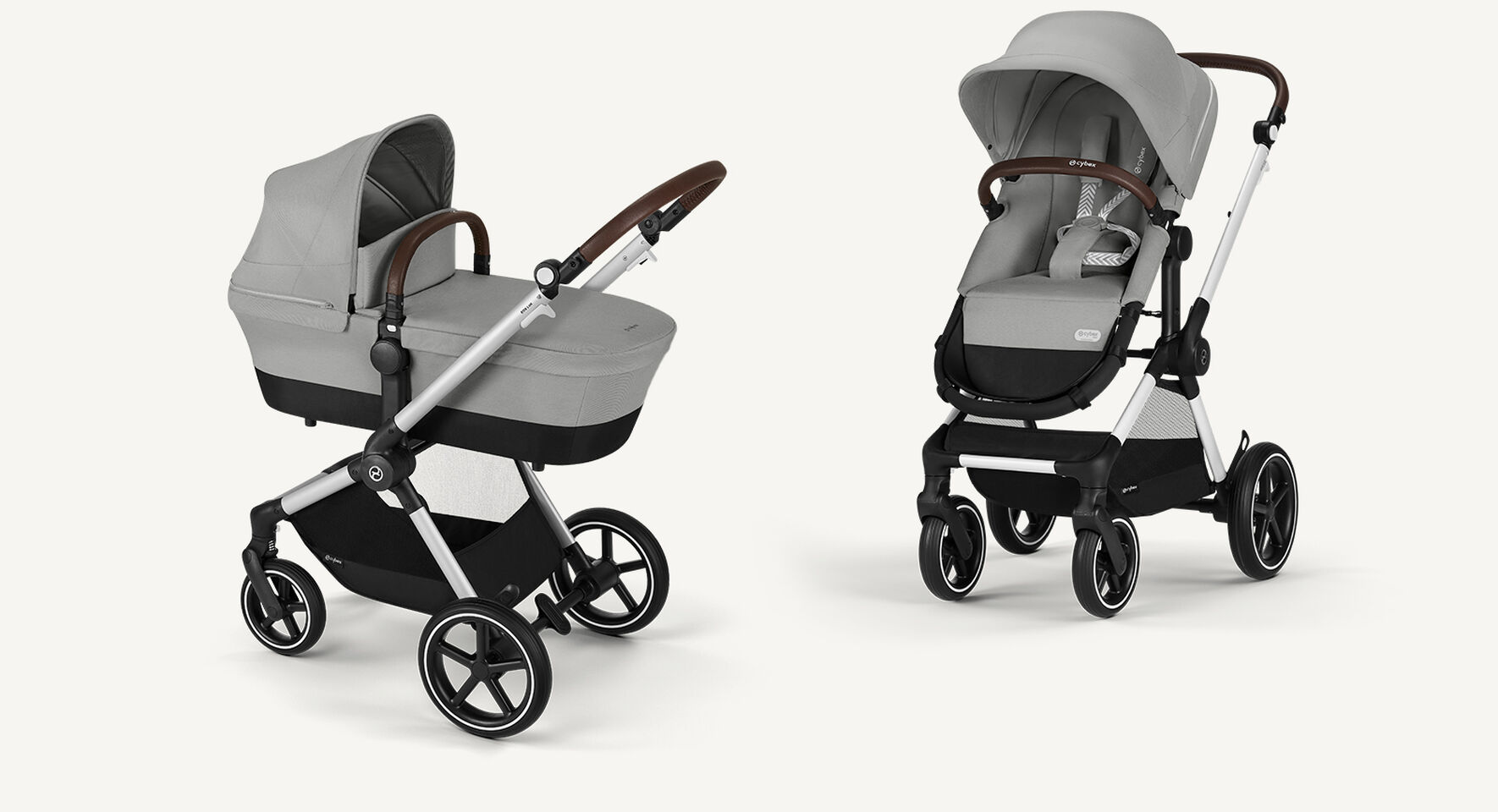 Produktbilder av en Eos Lux barnvagn i Stone Grey, liggdelsl&auml;ge till v&auml;nster, s&auml;tesl&auml;ge till h&ouml;ger.