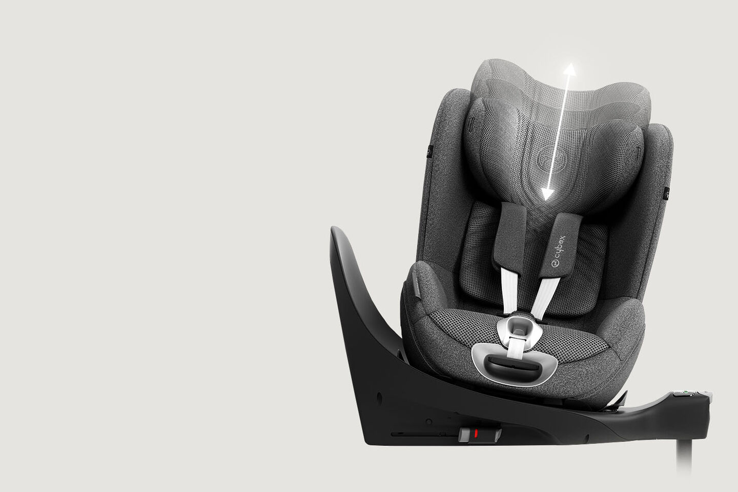 Sirona T rear-facing car seat with adjustable headrest, side view.