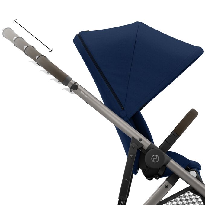 Ein Bild des CYBEX Gold Gazelle S 1 Sibling Stroller, das das Merkmal Verstellbarer Schiebegriff hervorhebt.