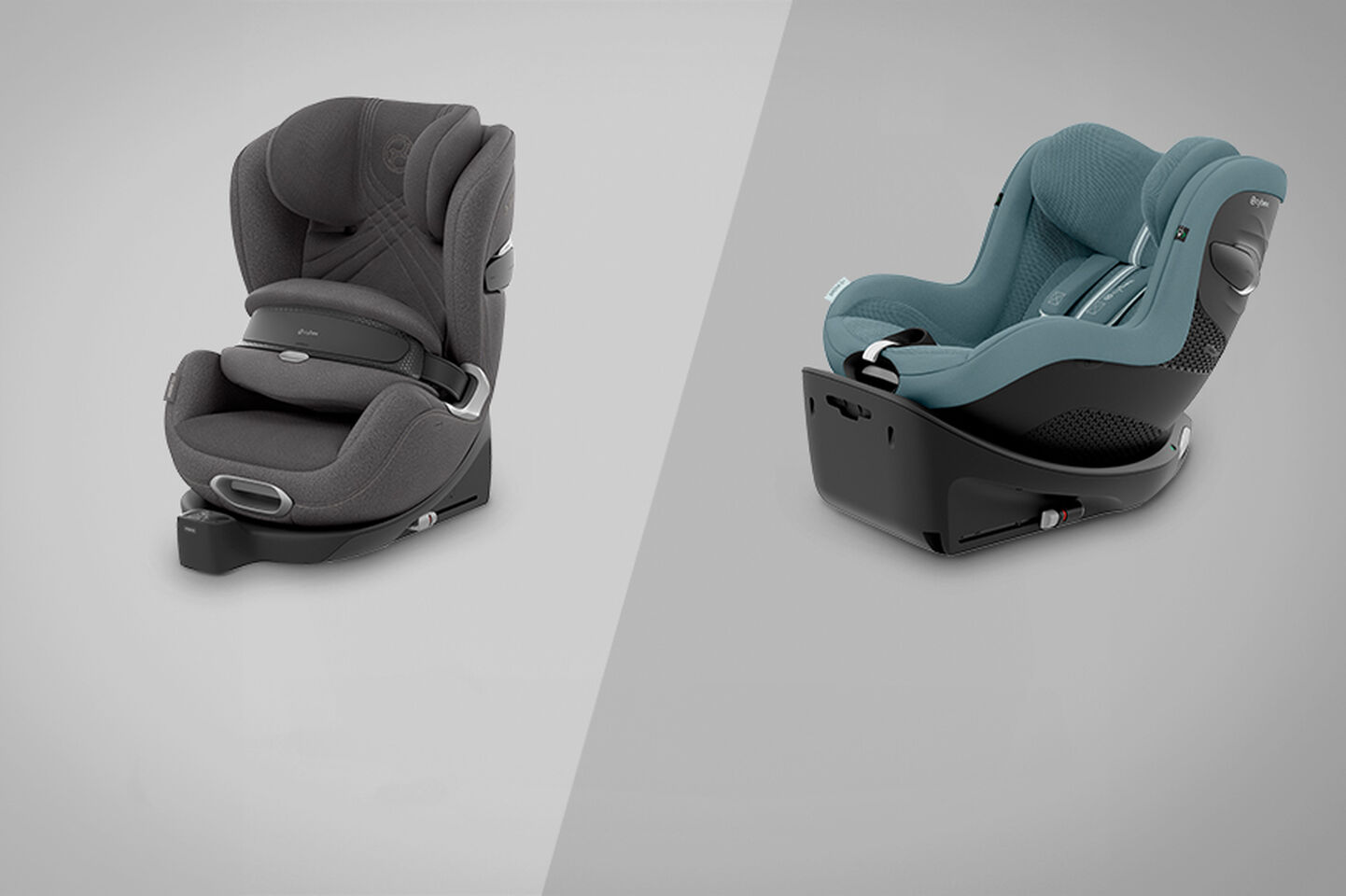 Two car seats for children in different colours on a grey background.