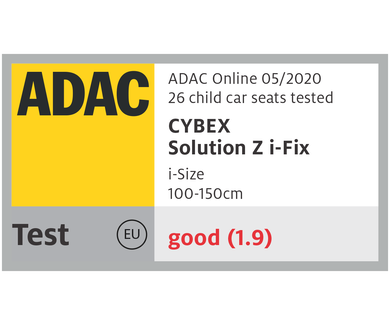 ADAC test result for the Cybex Solution Z i-Fix child car seat, rated "good" (1.9) for i-Size 100-150 cm.