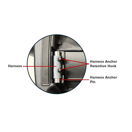 Harness anchor with retention hook and anchor pin, detailed view for safety belts