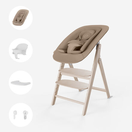 Click and Fold high chair in beige with accessories