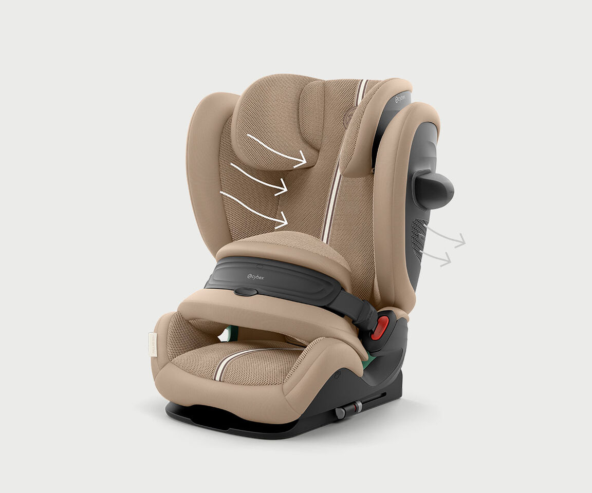 Meegroei-autostoel Pallas G3 in beige stof met zichtbare zijverstellingen