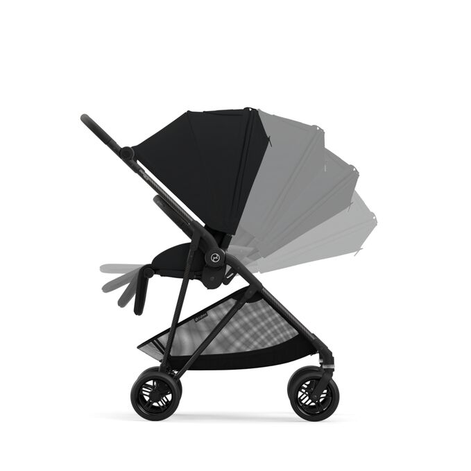 Immagine del CYBEX Gold Melio Carbon 2023 Stroller che mette in risalto la caratteristica Reclinabile con una sola mano nella posizione completamente sdraiata.