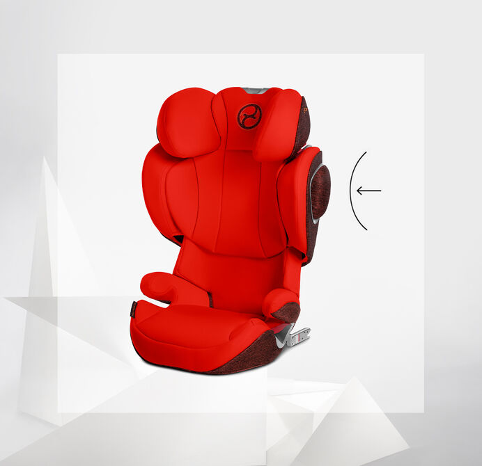 Red Solution Z booster car seat with adjustable headrest and side impact protection.