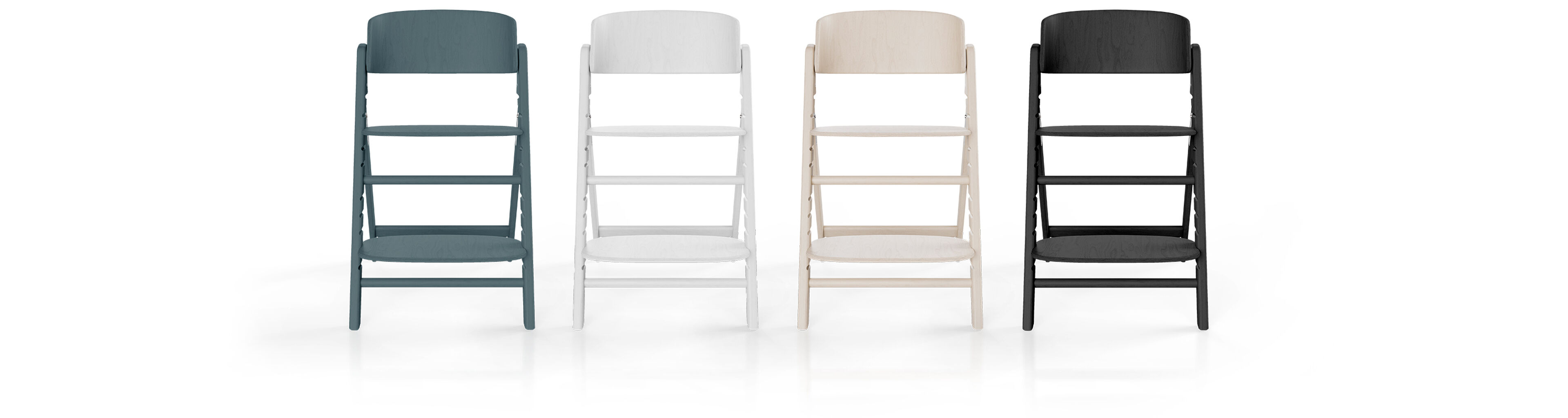 Click and Fold high chairs in four colours: blue, white, beige, and black.