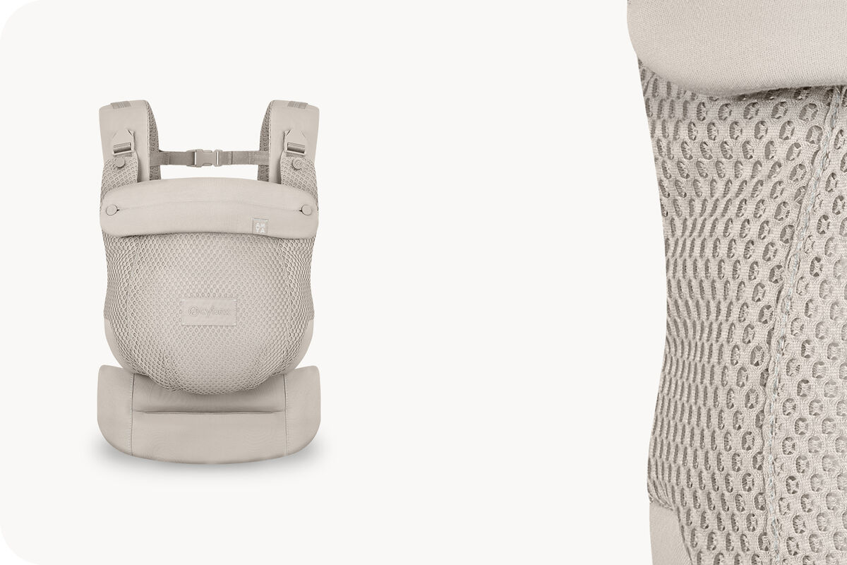 Two product images of an Amya baby carrier in Dune Grey.