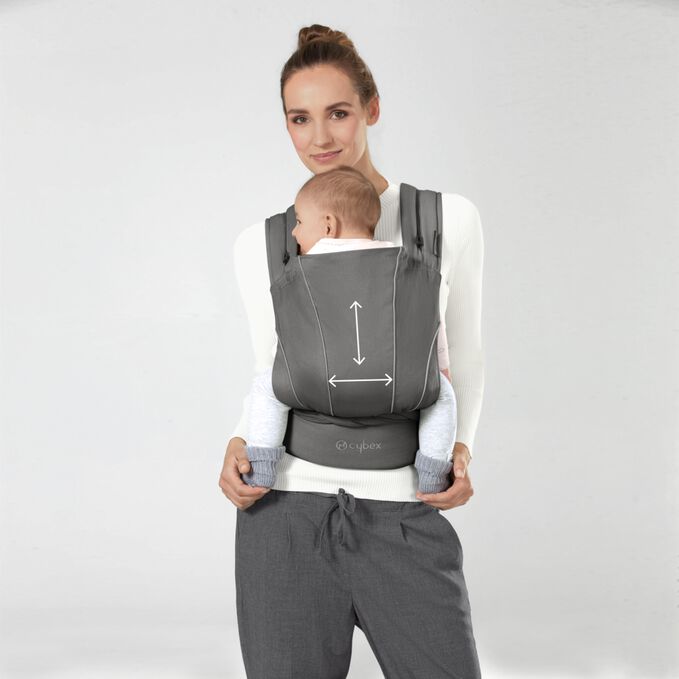 An image of the CYBEX Gold MAIRA.tie Baby Carrier, highlighting the One size fits all feature.