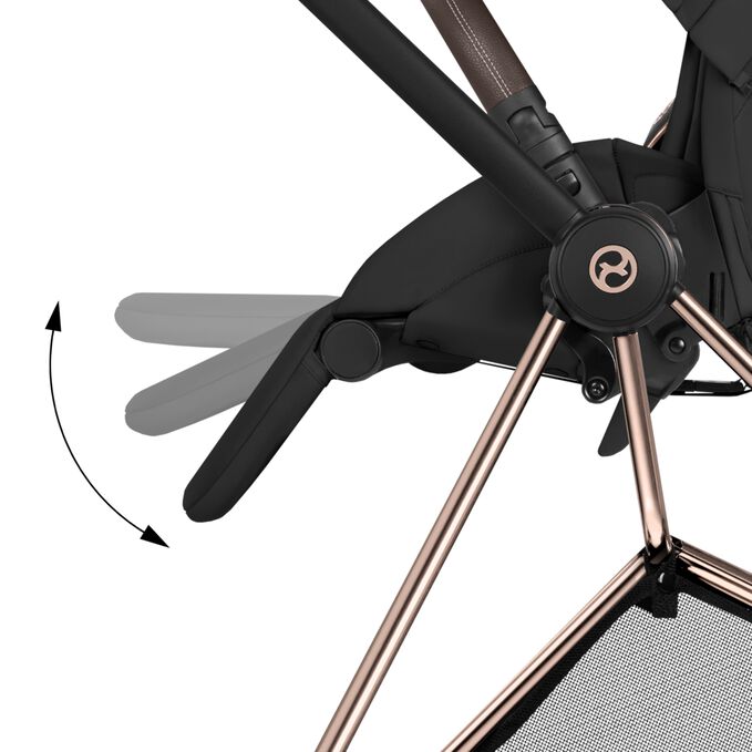 An image of the CYBEX Platinum Mios Stroller, highlighting the Adjustable Leg Rest feature.