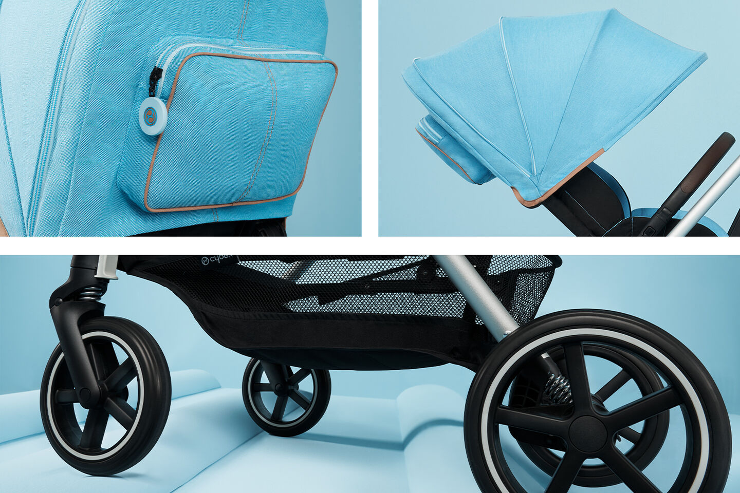 Close-up of the Eezy S Twist +2 pushchair, featuring blue fabric details, a foldable canopy, and sturdy black wheels.