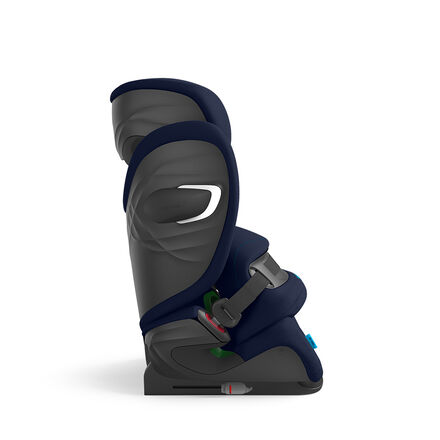 A side view of a child car seat with a dark blue and grey design.