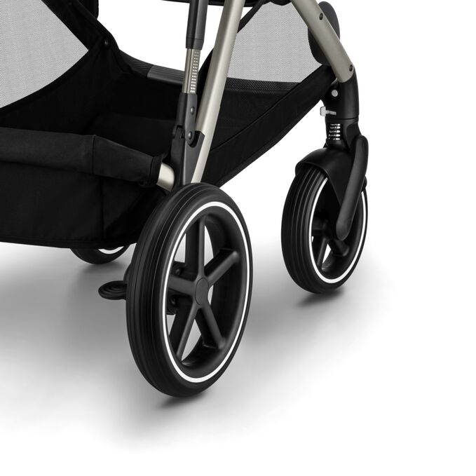 Afbeelding van de CYBEX Gold Gazelle S Sibling Stroller, met de nadruk op de functie Geavanceerde ophanging.