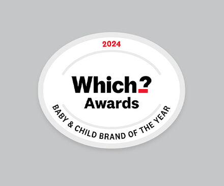 2024 Which? Awards logo for Baby & Child Brand of the Year on a grey background.