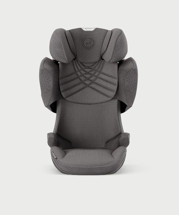 A grey child car seat with ergonomic design and padded side wings.