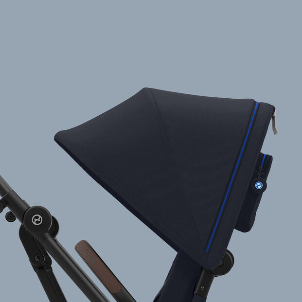 Eezy S Twist +2 pushchair with dark blue canopy and black frame.