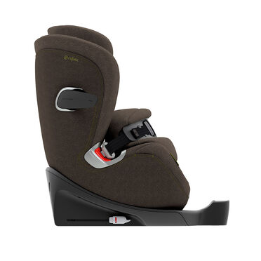 Anoris T car seat in brown, side view with safety harness and Isofix base.