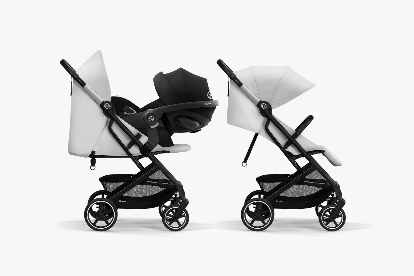 Beezy lightweight compact stroller, two different positions, one with car seat and one with sunshade