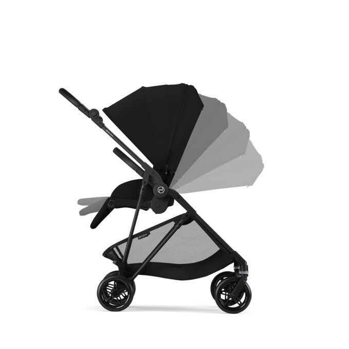 An image of the CYBEX Gold Melio Carbon (2025) Stroller, highlighting the One-hand Recline to a Full Lie-flat Position feature.