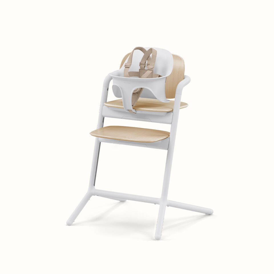 High chair with removable seat cushion in white and wood finish